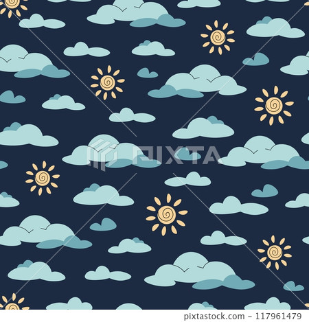 Seamless pattern with cute clouds and sun in flat style. Children's background with sky elements. Cartoon texture for fabric, wallpaper, clothes. 117961479