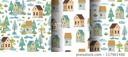 Collection of Seamless patterns with cute houses and forest trees in flat style. Children's background with country houses, Christmas tree and clouds. Cartoon texture for fabric, wallpaper, clothes. 117961480