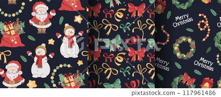 Collection of Seamless Christmas patterns with cute Santa, snowman and gifts in flat style. Holiday background with Christmas elements. Cartoon texture for fabric, wallpaper, wrapping paper 117961486