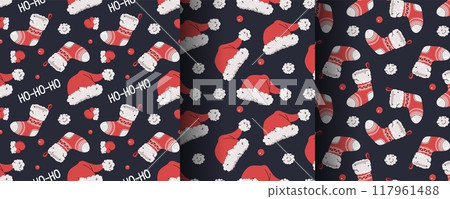 Collection of seamless Christmas patterns with Santa hat, sock and mittens in flat style. Holiday background with Christmas elements. Cartoon texture for fabric, wallpaper, wrapping paper. 117961488
