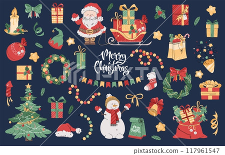 Set of Christmas elements in flat style. Cartoon illustration of Santa Claus, snowman, Christmas tree, gifts, etc. Great for stickers, decor and design. 117961547