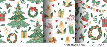 Set of seamless patterns with Christmas tree, candle, wreath and gifts. Vector holiday texture in flat style. Merry Christmas and Happy New Year. Suitable for wallpaper, wrapping paper, fabric, etc. 117961554
