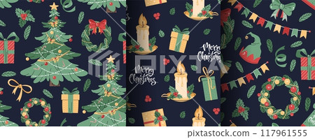 Set of seamless patterns with Christmas tree, candle, wreath and gifts. Vector holiday texture in flat style. Merry Christmas and Happy New Year. Suitable for wallpaper, wrapping paper, fabric, etc. 117961555