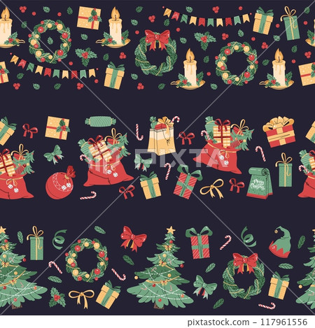 Set of seamless Christmas borders with festive elements. Patterns with a Christmas tree, gifts and a wreath. Background for festive design of cards, websites, fabric, etc. 117961556