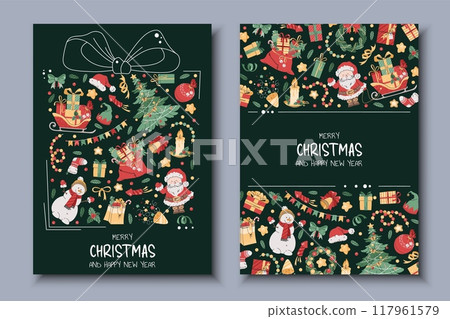 Set of Christmas greeting cards with festive elements in the form of a Christmas tree ball. Merry Christmas and Happy New Year. Banner, poster, flyer with Santa, Claus, Christmas tree, etc 117961579