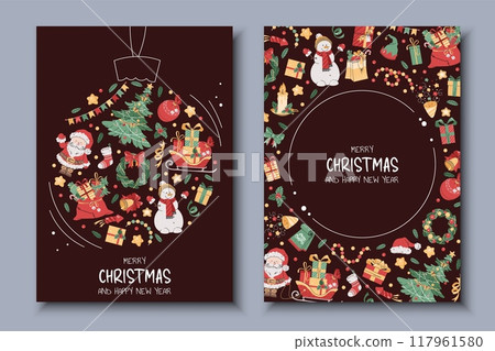 Set of Christmas greeting cards with festive elements in the form of a Christmas tree ball. Merry Christmas and Happy New Year. Banner, poster, flyer with Santa, Claus, Christmas tree, etc 117961580