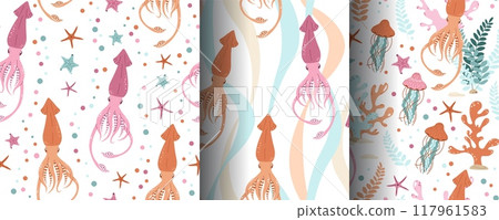 Set of seamless patterns with cute squid, starfish and seaweed. Underwater world, ocean inhabitants. Suitable for fabric, wallpaper, wrapping paper, scrapbooking, etc. 117961583