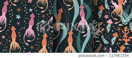 Set of seamless patterns with cute squid, starfish and seaweed. Underwater world, ocean inhabitants. Suitable for fabric, wallpaper, wrapping paper, scrapbooking, etc. 117961584
