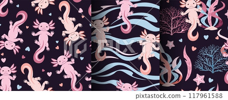 Set of seamless patterns with cute pink axolotl and seaweed. Underwater world, ocean inhabitants. Suitable for fabric, wallpaper, wrapping paper, scrapbooking, etc. Set of seamless patterns with cute pink axolotl and seaweed. Underwater world, ocean inhabitants. Suitable for fabric, wallpaper, wrapping paper, scrapbooking, etc. 117961588
