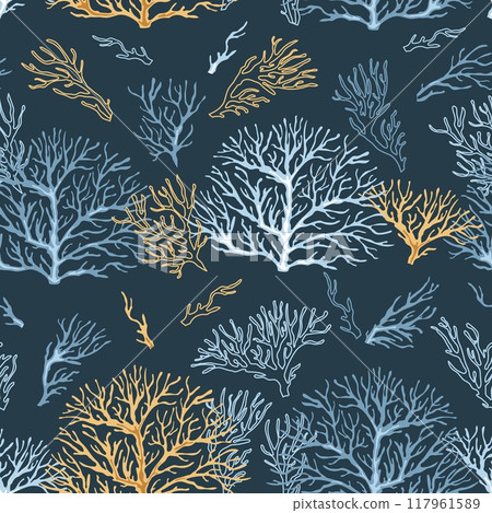 Seamless pattern with corals. Marine texture with algae in flat style. Suitable for wallpaper, fabric, paper, etc Seamless pattern with corals. Marine texture with algae in flat style. Suitable for wallpaper, fabric, paper, etc 117961589