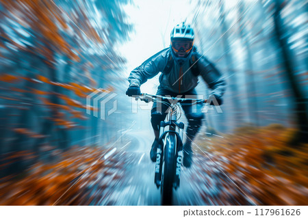 A man is riding a bike in the woods 117961626