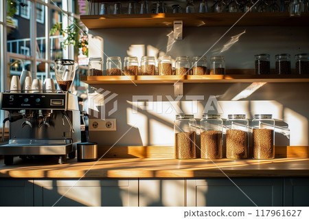 A coffee shop with a counter and shelves full of jars of coffee beans 117961627