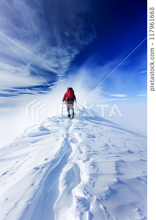 A person in a red jacket is walking on a snowy mountain 117961668