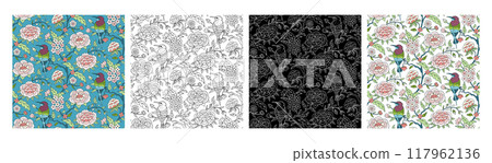 Set of 4 Indian floral patterns with abstract trailing flowers and birds Set of 4 Indian floral patterns with abstract trailing flowers and birds 117962136