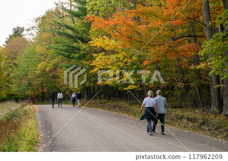 People are walking in the autumn forest trail. Mont-Saint-Bruno National Park. Saint-Bruno-de-Montarville, Quebec, Canada. 117962209