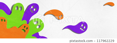 Poster. Contemporary art collage. Colorful ghosts float and play, bringing cheerful twist to Halloween. Trendy vibrant style. 117962229