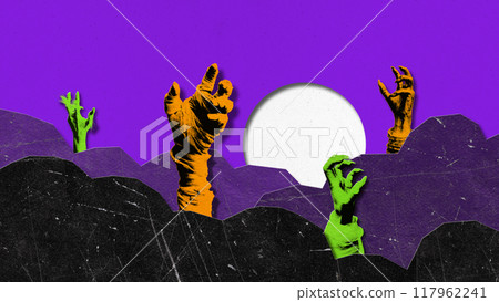 Poster. Contemporary art collage. Zombie hands reach out of ground under full moon, creating chilling Halloween scene. Poster. Contemporary art collage. Zombie hands reach out of ground under full moon, creating chilling Halloween scene. 117962241