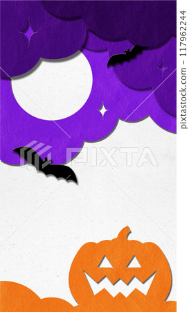 Poster. Contemporary art collage. Bats fly under full moon while grinning pumpkin watches over haunted Halloween night. 117962244