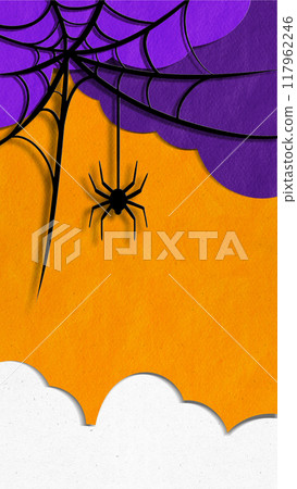 Poster. Contemporary art collage. One spider descends from its web, creeping into Halloween fun. Copy space for text. Poster. Contemporary art collage. One spider descends from its web, creeping into Halloween fun. Copy space for text. 117962246