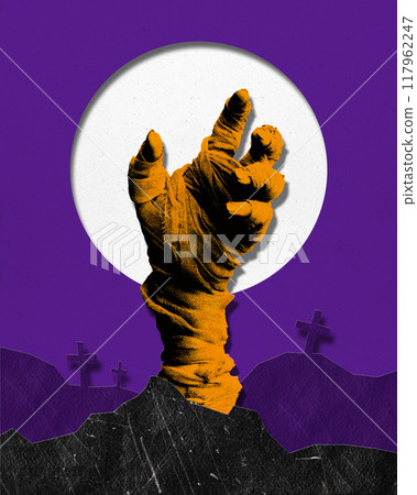 Poster. Contemporary art collage. Ominous mummy hand rises from grave, reaching for full moon on spooky Halloween night. Poster. Contemporary art collage. Ominous mummy hand rises from grave, reaching for full moon on spooky Halloween night. 117962247