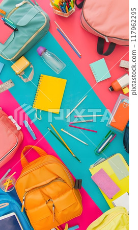 Colorful Display of School Supplies and Backpacks on Dual-Tone Background Colorful Display of School Supplies and Backpacks on Dual-Tone Background 117962295