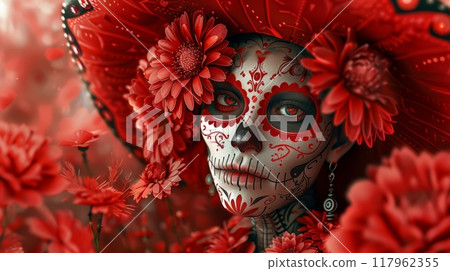 Woman with sugar skull makeup and red flowers. Day of the Dead or Dia de los Muertos festive banner 117962355