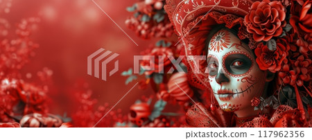 Woman with sugar skull makeup and red flowers. Day of the Dead or Dia de los Muertos wide banner 117962356
