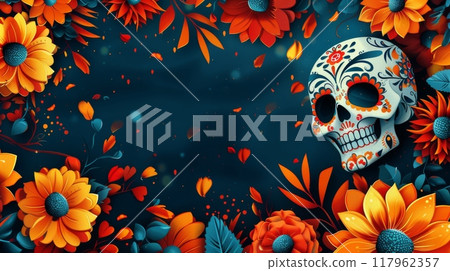 Day of the Dead skull on blue background with flowers. Dia de los Muertos banner with copy space 117962357