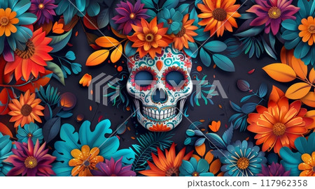 Vibrant Day of the Dead skull surrounded by array of bright Mexican flowers. Dia de los Muertos 117962358