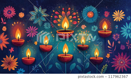 Colorful illustration of Diwali and Dussehra celebrations with diyas, fireworks, and rangoli designs Colorful illustration of Diwali and Dussehra celebrations with diyas, fireworks, and rangoli designs 117962367