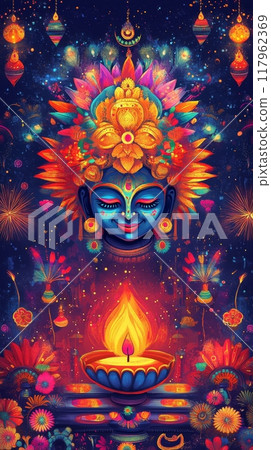 Vertical illustration of Diwali and Dussehra celebrations with diyas, fireworks, and rangoli designs 117962369