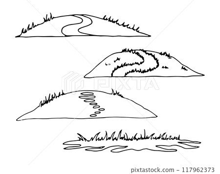 Silhouette of land with road and grass. Black outline illustration for Halloween. Hand drawn isolated graphic clipart. Line sketch of landscape for decoration and design. Simple Doodle style. Silhouette of land with road and grass. Black outline illustration for Halloween. Hand drawn isolated graphic clipart. Line sketch of landscape for decoration and design. Simple Doodle style. 117962373