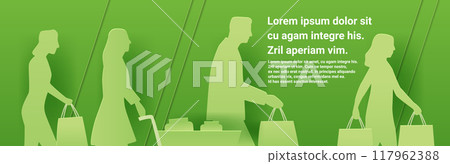 Shopping people paper cut style silhouettes. Green background featuring figures carrying bags and pushing a cart. Modern design for website banner. Paper cut style 117962388