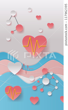 Heart with heartbeat medical theme. Paper cut style with hearts molecules and wave patterns in pink blue and gray tones. Perfect for health and wellness design 117962395