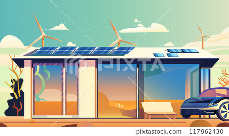 Eco-friendly house with solar panels and wind turbines sustainable energy modern home with electric car renewable resources colorful landscape 117962430