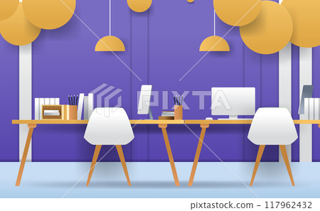 Modern office workspace with computers and chairs colorful minimalist design featuring purple walls wooden desks and hanging lamps Modern office workspace with computers and chairs colorful minimalist design featuring purple walls wooden desks and hanging lamps 117962432