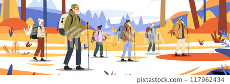 Hikers trekking in colorful autumn landscape mountains nature scenery outdoor adventure group activity vibrant colors trees plants 117962434