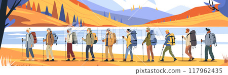 Hikers trekking in scenic landscape adventure group outdoor activity diverse people backpacks mountains lake autumn colors 117962435