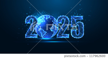 Abstract 2024 New Year digital web banner with glowing blue polygonal 2025 digits and planet Earth Abstract 2024 New Year digital web banner with glowing blue polygonal 2025 digits and planet Earth 117962600