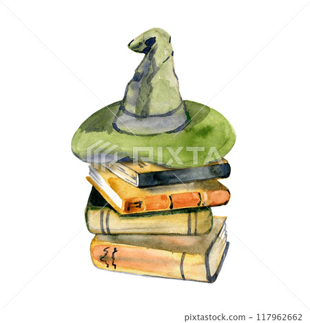 Hand-drawn watercolor illustration on a fantasy theme. Books and magician's hat. Halloween autumn clipart, fall illustration, wizard school 117962662