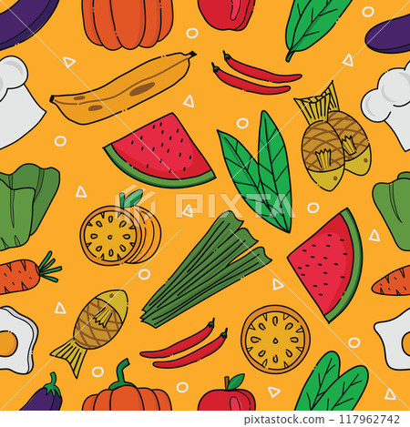 Seamless pattern of foods ,fruits and vegetables-hand drawn various colors on yellow background.Vector illustration 117962742