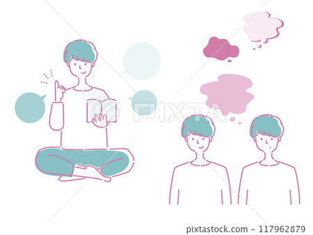 A man sitting cross-legged and reading a book. Set of two different facial expressions and speech bubbles 117962879