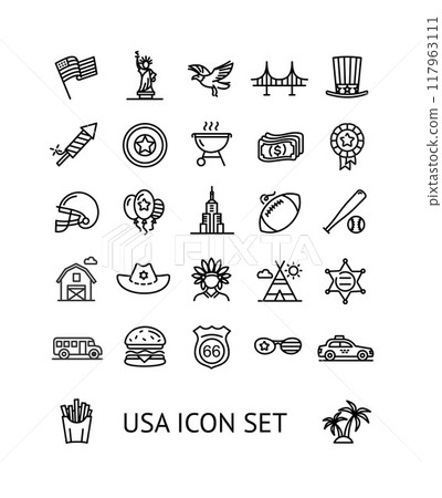 USA Sign Black Thin Line Icon Set. Vector 117963111