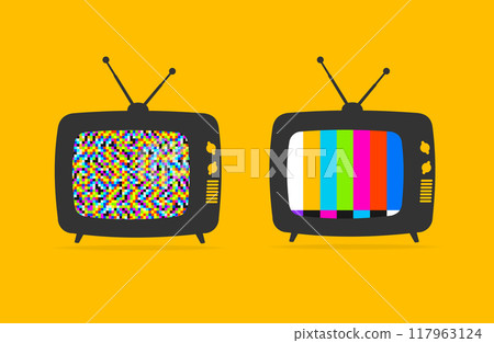 Cartoon Retro Television with Color Bars and Tv Noise Screen Set. Vector 117963124