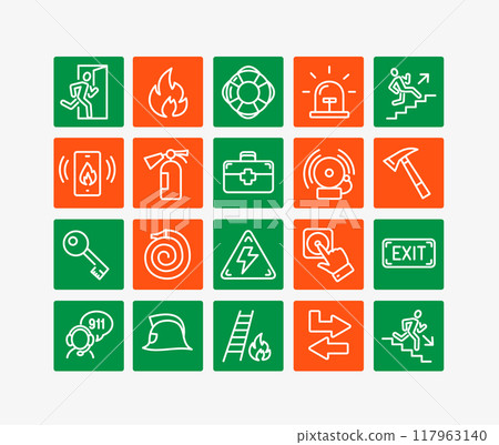 Evacuation Sign White Thin Line Icon on a Color Box Set. Vector 117963140