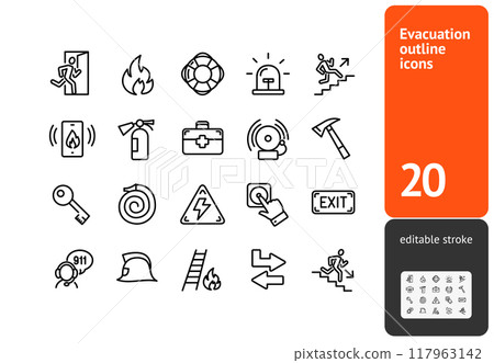 Evacuation Sign Black Thin Line Icon Set. Vector 117963142