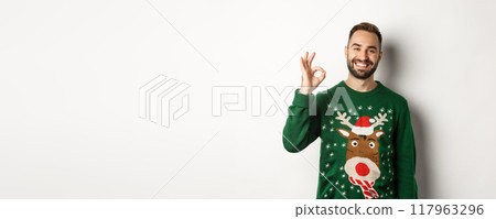 Winter holidays and christmas. Happy bearded man showing okay sign and smiling, approve or agree, praising something good, standing over white background 117963296