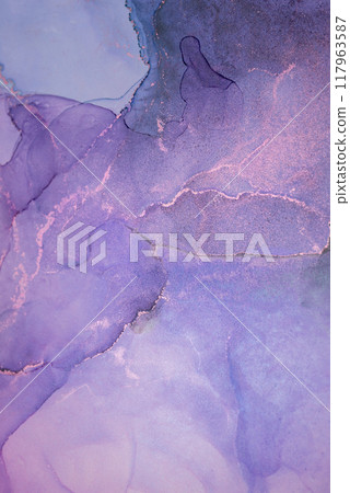 Abstract watercolor artwork featuring soft violet and lavender hues blended seamlessly in layers with delicate gold accents 117963587