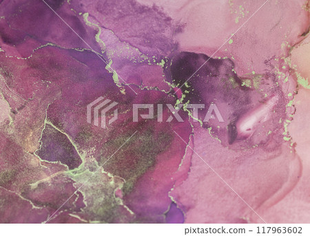 Abstract purple art with golden accents showcasing fluid textures and organic patterns under soft lighting 117963602