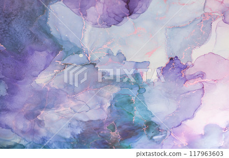 Abstract watercolor art featuring shades of purple and teal with delicate patterns and flowing lines, creating a serene atmosphere 117963603